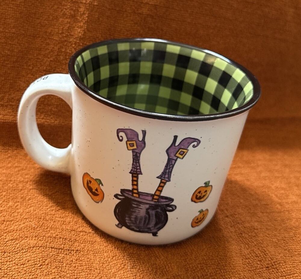 Large Coffee Mug Halloween. Bottoms Up Witches! Cobwebs & Cauldrons Plaid.#35